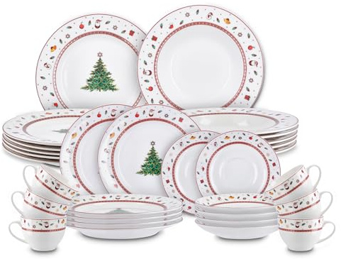 Peill+Putzler Germany Weihnachtsgeschirr,Kombiservice mit Weihnachtsmuster, 30-teiliges Geschirrset für Weihnachten, Bon China Porzellan in weiß für 6 Personen, mit Goldrand daher nur Handwäsche
