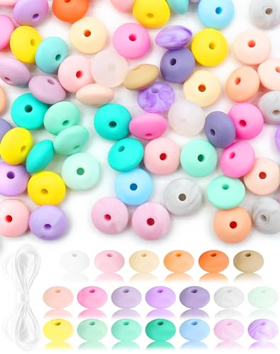 Kit de 20 perles d'espacement en caoutchouc de silicone 12 mm 5 m de cordon pour bracelets, colliers, porte-clés, loisirs créatifs