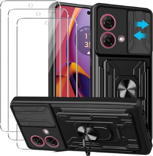 KZIOACSH Funda para Motorola Moto G84 5G + 3× Cristal Templado,[Tapa Deslizante para la cámara] Anti-Choque con 360 Grados Magnetic Anillo Hard PC y Silicona TPU Bumper antigolpes Case,Negro