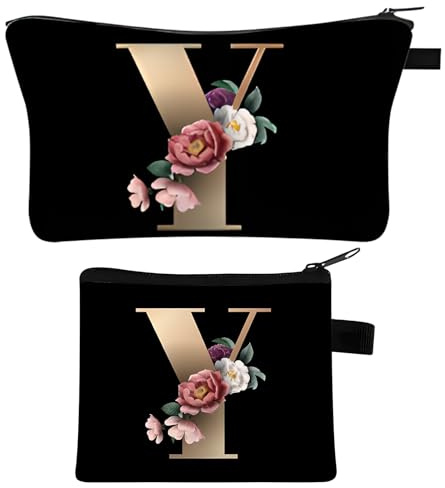 YZDMDM 2 Stück Personalisierte Kosmetiktasche A-Z Damen Kulturtasche （Y） | Niedliche Make Up Tasche Geschenke für Mama Schwester Brautjungfern Freundinnen Personalisiert Buchstaben Schminktasche