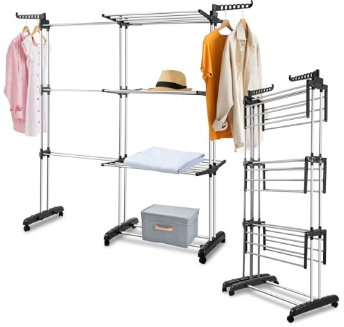 Jiubiaz Stendibiancheria a torre, estensibile, lunghezza 75-150 cm, stendibiancheria salvaspazio, 4 piani con 2 ali pieghevoli, ruote girevoli a 360°, torre per biancheria per esterni e interni