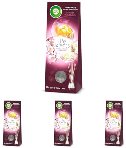 Air Wick Duftvase mit Aromaperlen – Duft: Sommervergnügen – 1 x 30 ml Raumduft mit Stäbchen (Packung mit 4)