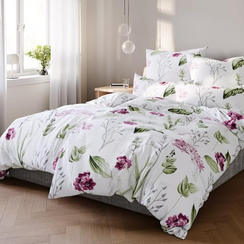 Pure Label Blumen Bettwäsche 4teilig 135x200 cm mit einem 2er Set Kissenbezüge 80x80 cm - Traumhaft weiches Bettwäsche-Sets 135 x 200 cm in weiß aus 100% Baumwolle mit YKK Reißverschluss