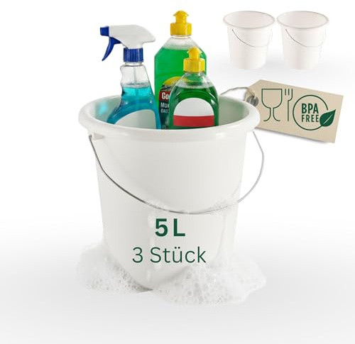 Novaliv 3 cubos de 5 l, color blanco, con división dimensional, 5 litros, 22,5 cm, práctico todoterreno con escala para el hogar y el jardín, ideal como cubo doméstico, cubo de agua, cubo de basura,