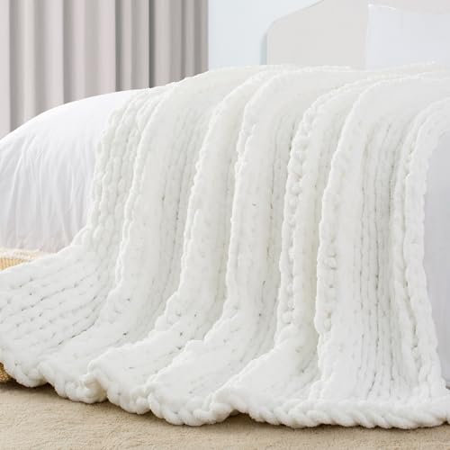 Carriediosa Manta de punto grueso de 50 x 60 pulgadas, 100 % hecha a mano, hilo de felpilla grande suave y esponjoso para sofá, cama, manta tejida gruesa y gruesa de ganchillo grande, color blanco