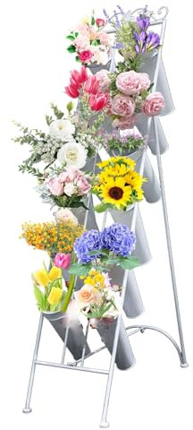 FPIGSHS Blumenständer mit 12 Eimern, 6-lagiger Metall-Pflanzenständer, Blumeneimer, Eisenkunst-Blumenwagen für Blumen-Pop-Up-Events im Innen- und Außenbereich, Terrassengarten
