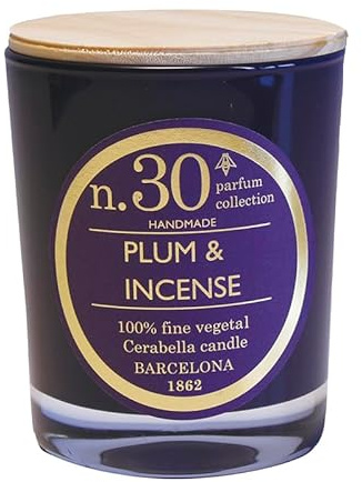Lama1re - Velas Perfumadas Numbers - Vela Vegetal 100% - Vaso de Cristal y Tapa de Madera - CERABELLA (7,5X10 CM, Plum & Incense)