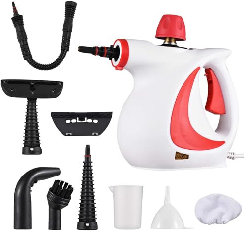 Pulitore a Vapore Portatile con 9 Accessori, 1050 W Pulitore Vapore Casa, Vaporizzatore con Manico Ergonomico, Rimuovere Sporco Grasso per Tutti Pavimenti Giunti Mobili Imbottiti Sedili Auto