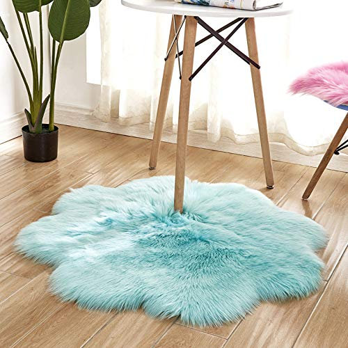 YUGWNN Hellblau Fellteppich Kunstfell Teppich Bettvorleger Fell,Schafsfell Fell füR StüHle,BlüTendurchmesser 110cm/43,2in