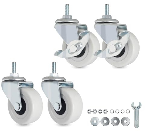 M6-1.0 Threaded Stem Caster Wheels, 2 Inch PVC Silent Castors, M6 x 15mm Replacement Wheels for Utility Shelf, Small Rolling Cart, Kitchen/Laundry Rack, Set of 4 (2 Brake, 2 Swivel)