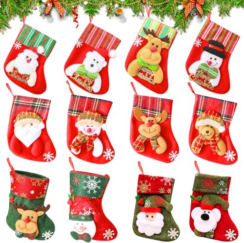 Forhome 12PCS Mini Weihnachtsstrumpf, Weihnachtssocken zum Aufhängen, Weihnachtsstrumpf Deko Kamin, Süßigkeiten Geschenk Beutel, für Kamin, Wand, Treppe, Weihnachtsbaum