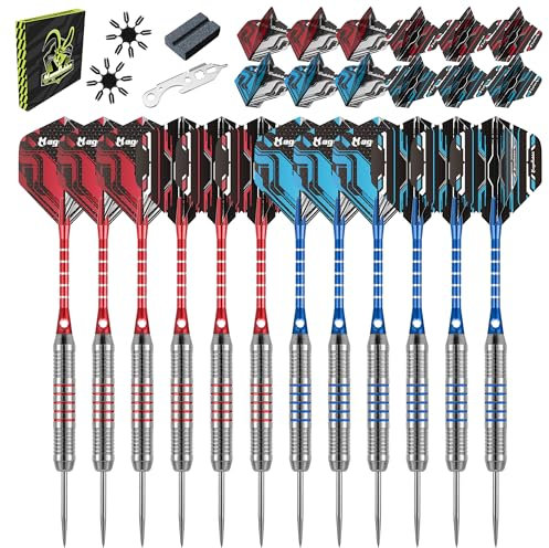 MageRabbit Dartpfeile mit Metallspitze 12pcs,22g Schwere SteelDarts mit 12 Dart-Schäfte + 24 Dart-Flights + Dart-Werkzeuge, Stahl-Dart-Set, professionelle Dartpfeile (Rot und Weiß)