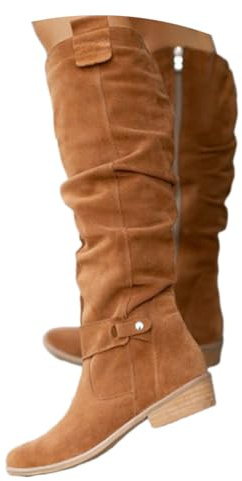 shownicer Botte Hautes Femme Daim Bottes Elegant Bout Rond Bottines Automne et Hiver Talon Bas Boots Confortable Chaussures