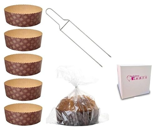 ARCOBALENO PARTY Kit Stampo Panettone Basso 5 Pz da 500 gr + Spillone Panettone + Sacchetti Alimentari 5pz Pirottini Panettone di Carta Ondulata in Pura Cellulosa Resistente al Calore 220°C