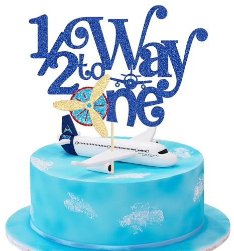 Ephlyn 1Pc Airplane 1/2 Half Way to One Cake Topper Glitter Half Way to Go Cake Pick Happy 6 Months Birthday Cake Decoration for Baby Happy 6 Months Birthday Party Decorations Supplies Blue