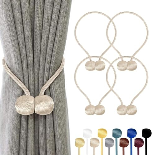 TopHomer Lot de 4 Embrasses Rideaux Magnétiques – 10 Couleurs, Corde Polyester Reinforcée – pour Salon, Chambre, Salle à Manger & Salle de Bain (Beige)