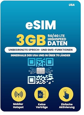 H2O Wireless 90-Day USA eSIM, Prepaid eSIM Card with 3GB High-Speed 4G LTE/5G Data & 2GB Mobile Hotspot, Unlimited Data, Talk & Text to 70+ Countries, US Mobile SIM Card for Cell Phones