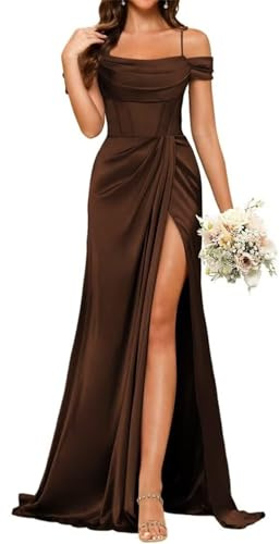 YIANN Robe de demoiselle d'honneur en satin pour femme, style sirène avec fente, col bénitier, bretelles spaghetti, longue robe de bal, marron, 40