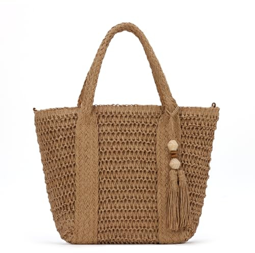 SUKUTU Sac Vacances d'été pour Femmes Fourre-tout tressé Sac de plage en paille Grand main à bandoulière avec pompon