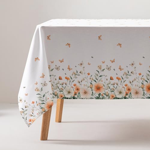 GAMUSI Tischdecke, schmutzabweisend, Baumwolle, Blumenmuster, rechteckig, 160 x 240 cm, Beige