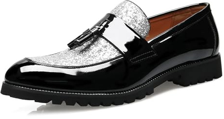 Mocassini da Uomo con Nappine – Scarpe Eleganti Lucide da infilare con Punta Affusolata e Tomaia in PU Verniciato per Feste, Ufficio e Occasioni Formali,Argento,41 EU