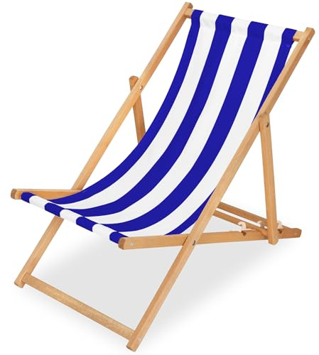 SPRINGOS Klappbarer Holz-Sonnenstuhl mit 3-Fach Verstellbarer Rückenlehne, Weiß und Blau, bis 120 kg – hochwertiger, Stabiler Liegestuhl für Garten, Balkon, Strand, mit Streifenmuster