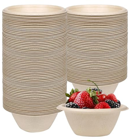 Puedno 100pcs Paper Bowls, 12 oz/350ml Biodegradable Compostable Bagasse Bowls, Brown Rigid Bagasse Bowl, Sugarcane Bowl for Picnic BBQ Party