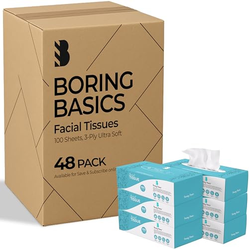 Boring Basics Ultra Soft 3-Ply 24 Boxes Facial Tissues, 100 Sheets per Box,Count Bulk Pack, Strong & Gentle Tissue Paper for Home & Office - White (24)