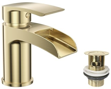 VeeBath Stream Robinet mitigeur rond cascade monobloc - Finition laiton brossé, levier unique, robinet d'évier moderne avec bonde de vidage, robinet de salle de bain monté sur le pont - Design