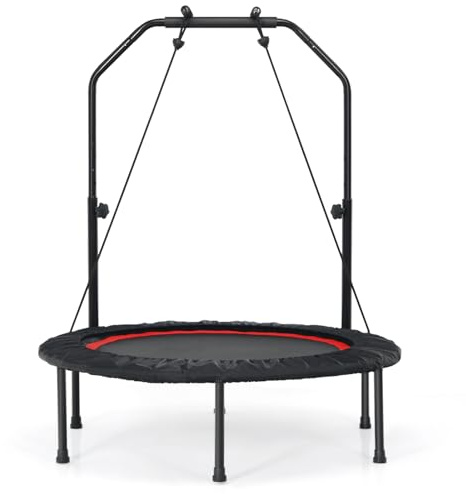 LIFEZEAL Trampolín de Fitness Plegable de 101 cm de Diámetro, con Barra de Seguridad y 2 Bandas de Resistencia, Cama Elástica para Adultos y Niños con Altura Ajustable, Carga de 150 kg (Rojo)