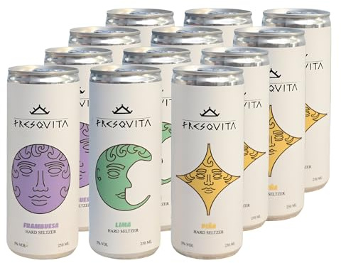FRESQUITA - Hard Seltzer Party Pack 12 Latas x 250 ml, 4 Lima + 4 Frambuesa + 4 Piña, Bebida Alcohólica Premium, Baja en Calorías, Gran Sabor, con Vodka, Agua con Gas y Toque de Fruta, 5% Vol. Alcohol