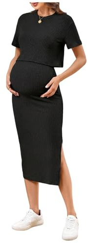GORGLITTER Women's Maternity Co Ord Sets Rib Knit Short Sleeve Crewneck Top Split Midi Skirt 2 Piece Lounge Wear Black Large