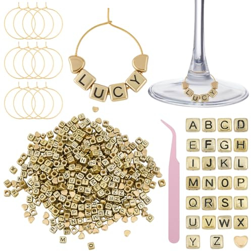 WEBEEDY 60 Sets Wine Glass Charms for Stem Glasses, DIY Reusable Wine Charms with A-Z 390 Letter Beads, Heart Spacer Beads, 60 Rings, Drink Charm Identifiers Label for Christmas Wedding Tasting Party