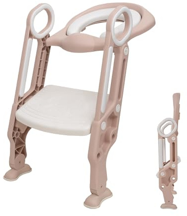 Straame Toddler Toilet Ladder Seat - Adjustable Potty-Training Seat, Soft Cushion Seat and Anti-Slip Steps Design - Easy to Install Portable Children Potty Training Chair (White-Pink)