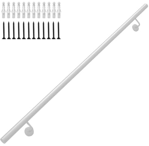 White Galvanized Industrial Iron Handrail for Stairs | Metal Wrought Iron Stair Banister Railing with Wall Brackets | Armrest Guardrail Hand Rail for Disabled, Elderly(8ft/240cm)