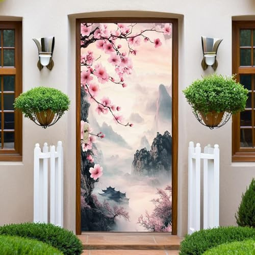 Tuschemalerei Türtapete Türposter Rosa Kirschblüten Türfolie 77x200 cm PVC Türaufkleber für Tür Wohnzimmer Kinderzimmer Küche Türaufkleber Bad Aufkleber Selbstklebend