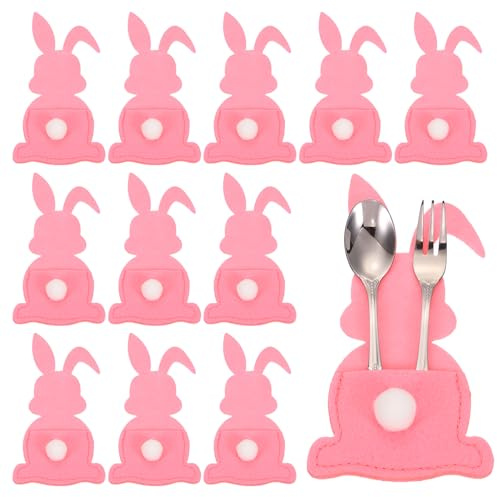 QUARKZMAN 36Pcs Porte-Couverts Lapin De Paques, 15x8cm Housse De Couverts en Feutre pour Couteaux Fourchettes Decoration De Table Mariage Anniversaire Fete, Rose