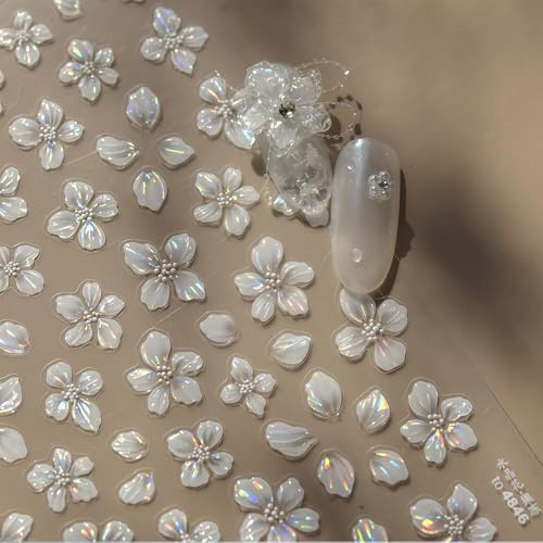Floruvia Blumen Nagel Art Aufkleber, Weiße Blüten Nagel Aufkleber, Exquisite Schillernde Muschel Licht Kristall Blumen Nagel Decals, Jelly Blumen Aufkleber