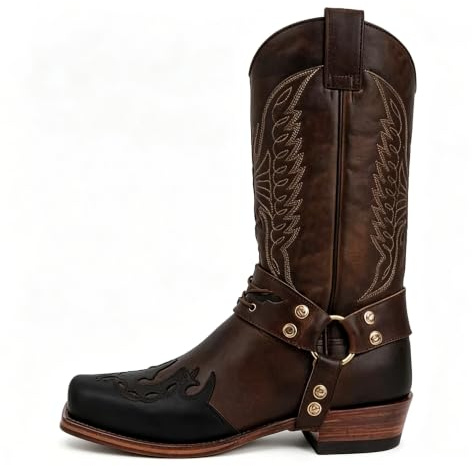 Generisch Cowboystiefel Herren Damen Leder, Cowboyboots Westernstiefel Cowboy Stiefel Klassisch Mittelalter Schuhe Winter Reitstiefel Cow Boy Western Stiefeletten Hoch Lederstiefel Festival