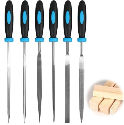 Set de 6 Limes à Aiguille Poignées Bleues 3x140mm, Limes pour Bois Métal Plastique, Rondes Demi-Rondes Carrées Triangulaires Plates Pointues