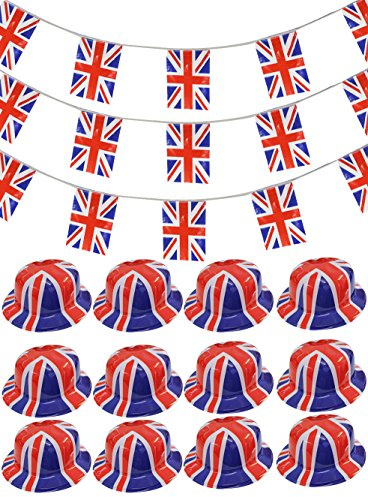 BRITISH PARTY ACCESSORIES - UNION JACK BOWLER HATS FANCY DRESS ACCESSORY PLUS BRITISH FLAG BUNTING - ST GEORGE'S DAY & JUBILEE PARTY BRITISH FLAG (12 BOWLER HATS)