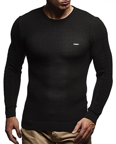 Leif Nelson LN1545 - Maglione da uomo con cappuccio lavorato a maglia, a maniche lunghe, con colletto rotondo, calzata aderente, Nero , 27 W