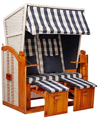 intergrill Strandschönheiten Doris Ostsee Strandkorb | 2-Sitzer Vollholzfront inkl. Schutzhülle | Blau Weiß 6-teilig | Balkon Terrasse Garten