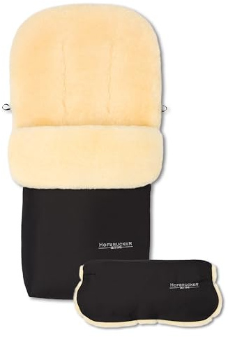 Hofbrucker Winter Lammfell Fußsack Putzi – Set mit Handwärmer – wind & wasserabweisend für Kinderwagen & Buggy, echtes Lammfell, warm & atmungsaktiv, Oberteil abnehmbar, Made in Germany (schwarz)