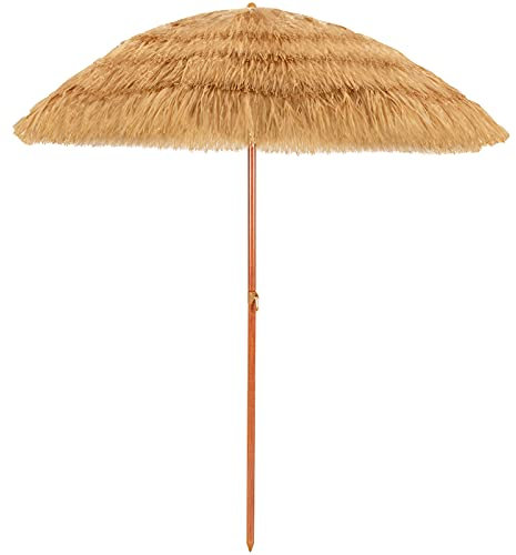GIANTEX Sonnenschirm Hawaii Ø 200 cm Gartenschirm Balkonschirm knickbar Strandschirm mit Fransen Terrassenschirm mit Verankerung rund Hawaii Schirm beige