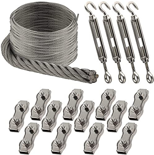 OPIOL QUALITY® 20m Edelstahl Drahtseil Weich 7x19 2mm, 12x Duplex Drahsteilklemme M4, 4x Spannschloss M4 Auge/Haken ähnl. DIN 1480 Edelstahl A4 Set Hanging Kit Klemme Stahlseil Rankhilfe Sonnensegel