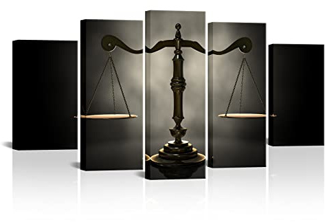 PoGoXiPoYo Large 5 Panels Legal Canvas Wall Art Justice Scales Picture Paintings Black and White Artwork Vintage Wall Decor Stretched and Framed for Lawyer Office Decor