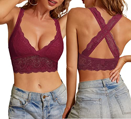 SHEKINI Dam spets bh med korsad rygg blommor crop top spets rygglös bh utan bygel bystier bralette dam spets avtagbar vadderad, Vinröd, L