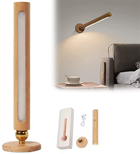 LED Batteriebetrieben Wandleuchte mit Berühren Schalter Holz Wandlampe USB Akku Batterie Innen Dimmbar Kabellos 360° Drehung 6W Wandbeleuchtung Treppenlicht Schlafzimmer Nachtlicht Flurlampe (1 Stück)