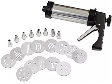 STÄDTER Gebäckpresse für Spritzgebäck Set, 23-teilig, mit 13 Aluminium-Motivscheiben & 8 Edelstahl-Garniertüllen, Backzubehör zur Verzierung von Keksen & Torten, rostfreie Edelstahldüsen